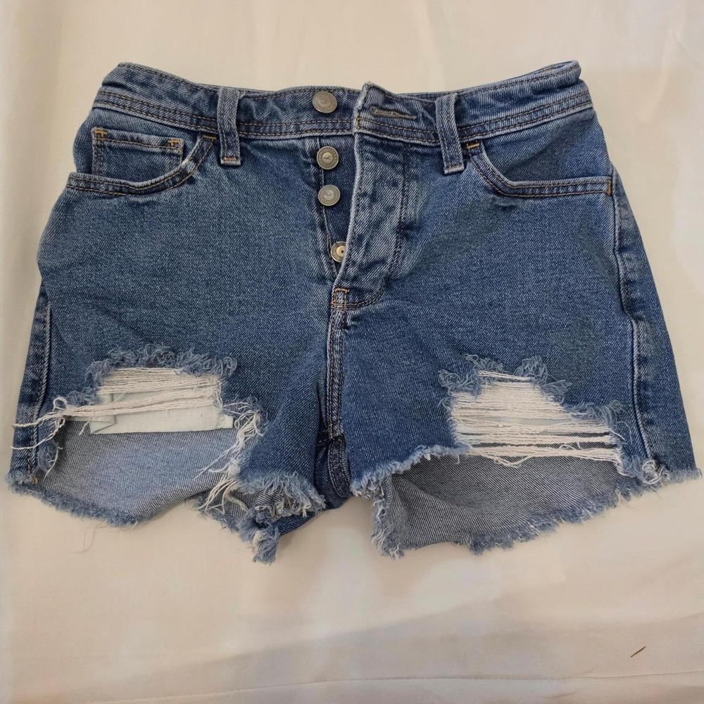 Hollister High Rise Distressed Denim Shorts Medium Wash Button Fly Cut Offs 26